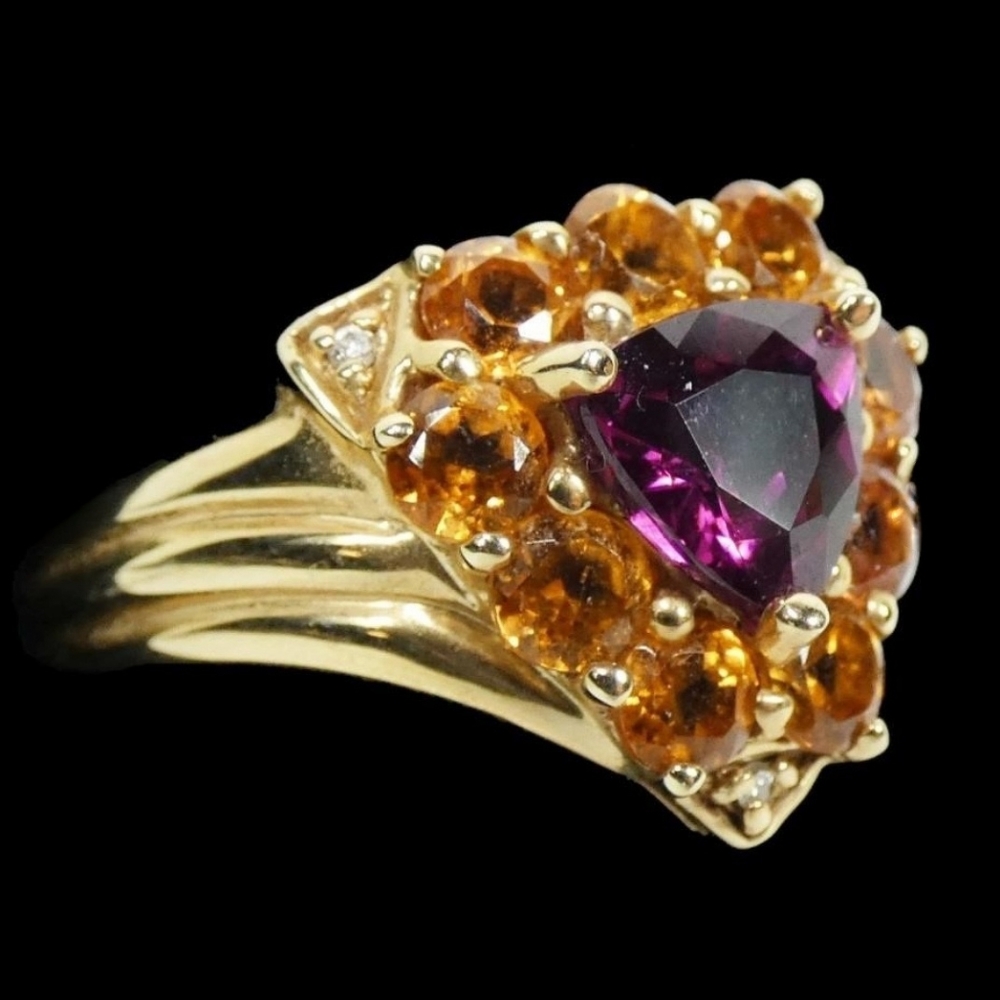 14K Yellow Gold Garnet Ring with Citrine Halo and Diamond Accents